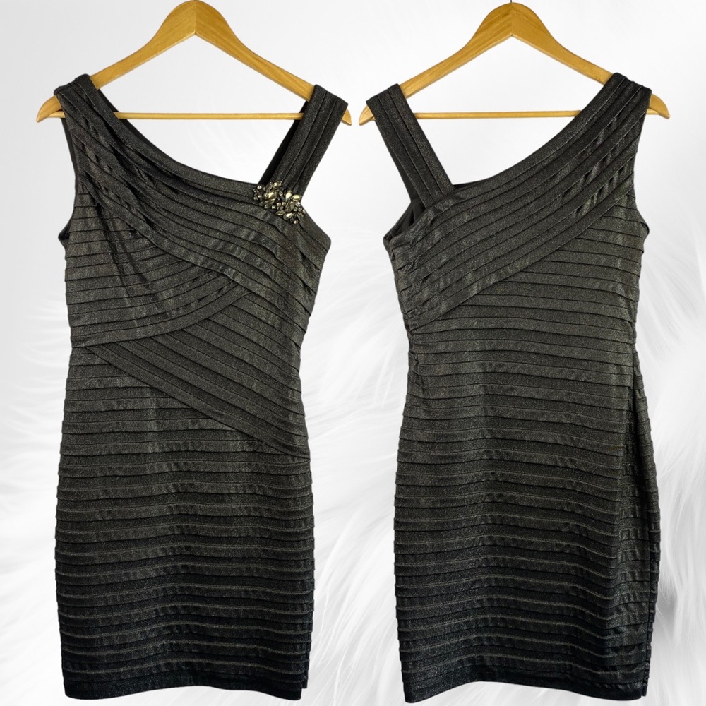 XSCAPE Joanna Chen Metallic Black 90s Y2K bodycon rhinestone LBD mini dress 10